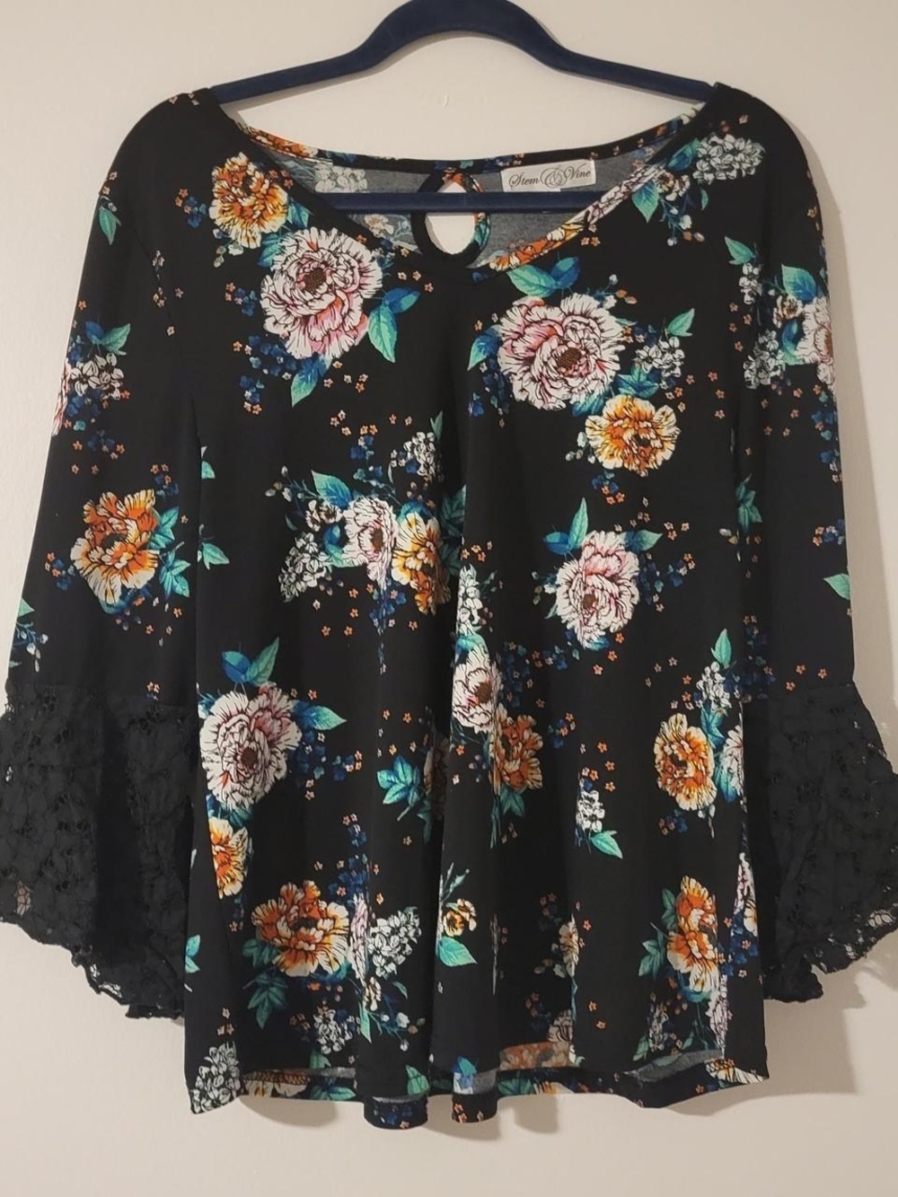 Floral Lace-Sleeve Women’s Top - Black with Multicolor Blooms
